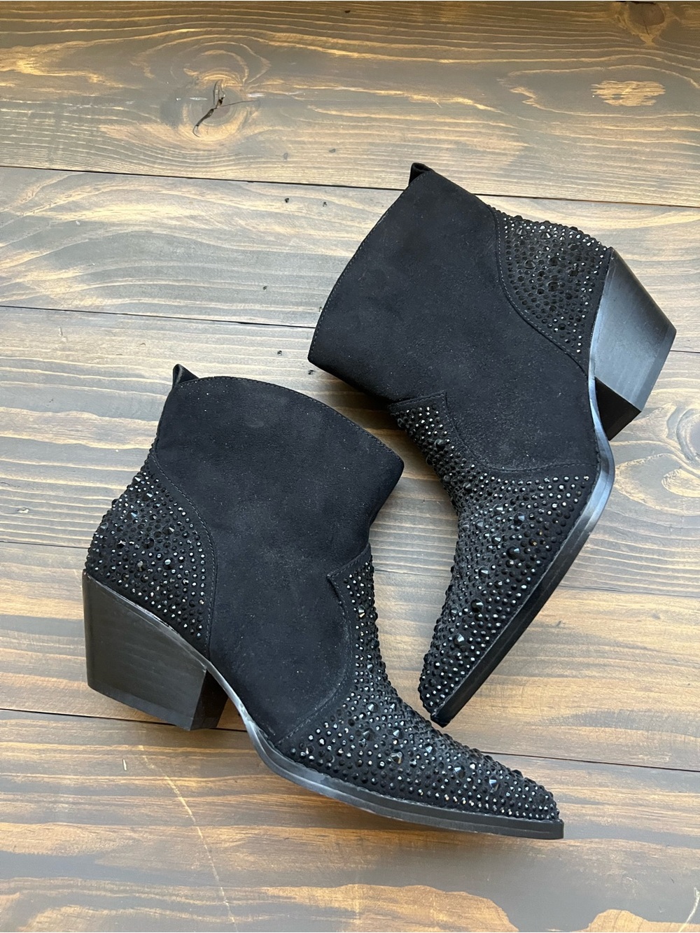 Black Studded Suede Ankle Boots - Women